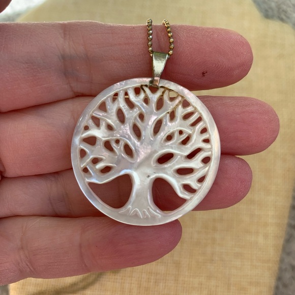 Mother of Pearl Tree of Life Pendant Necklace on Gold Ball Chain - Picture 3 of 5
